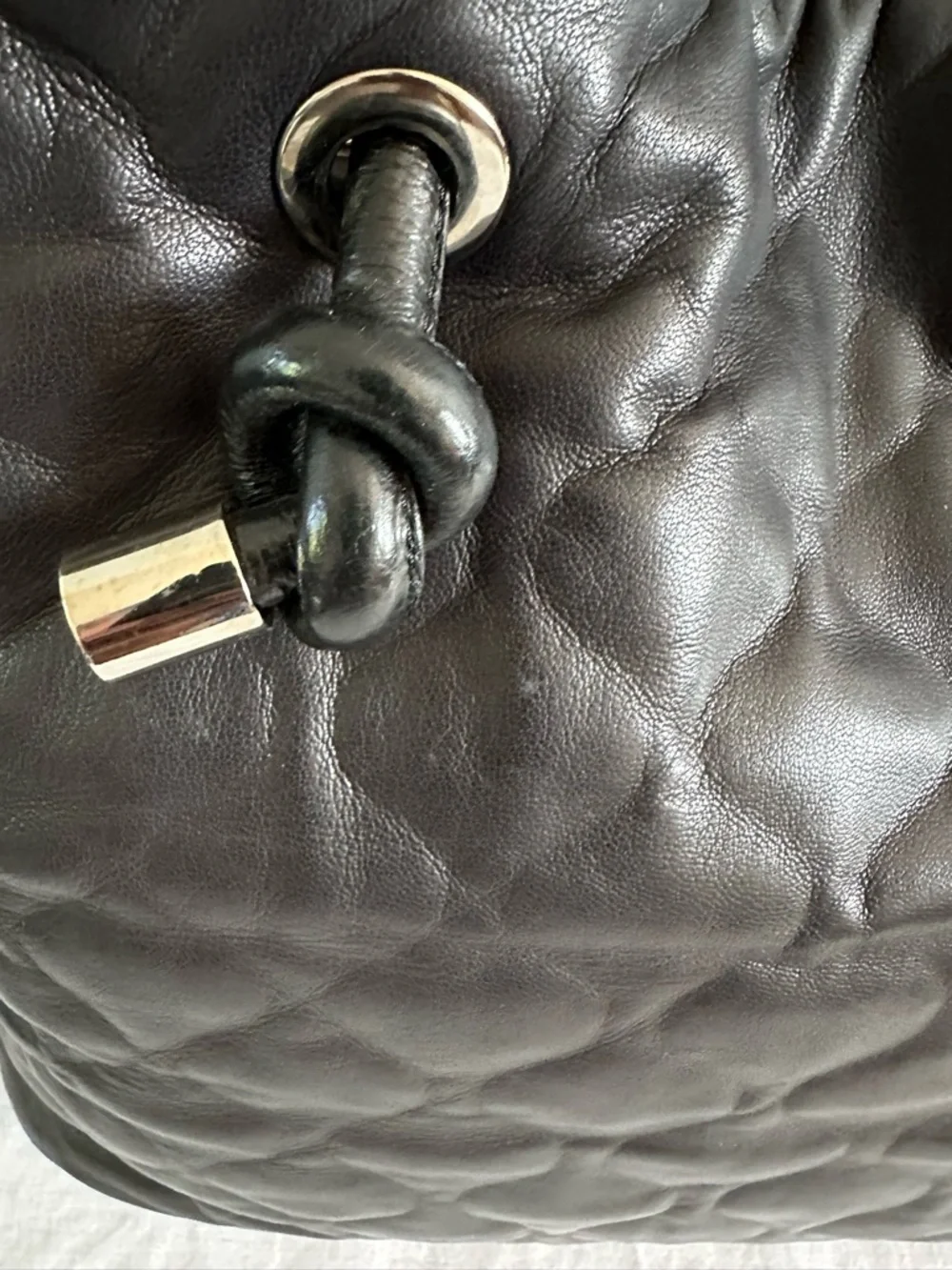 Lisa Conte Italy Black Leather Slouch Tote Bag Quilted Puffer Knot Handle Large